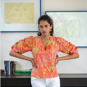 (Sold in a CP) Sohana- Orange and Green Ruffled Puff Sleeve Blouse. Size XS